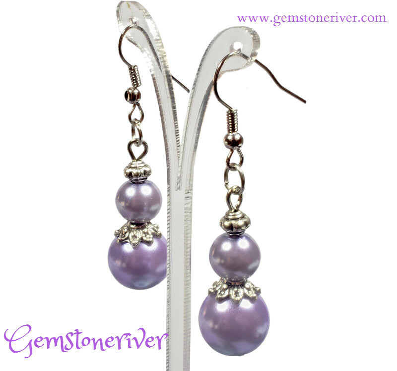 Purple Lilac Pearl Bali Silver Dangle Earrings SIMONE- Bridesmaid Flower Girl Bridal Wedding Bridesmaids Gemstoneriver® UK