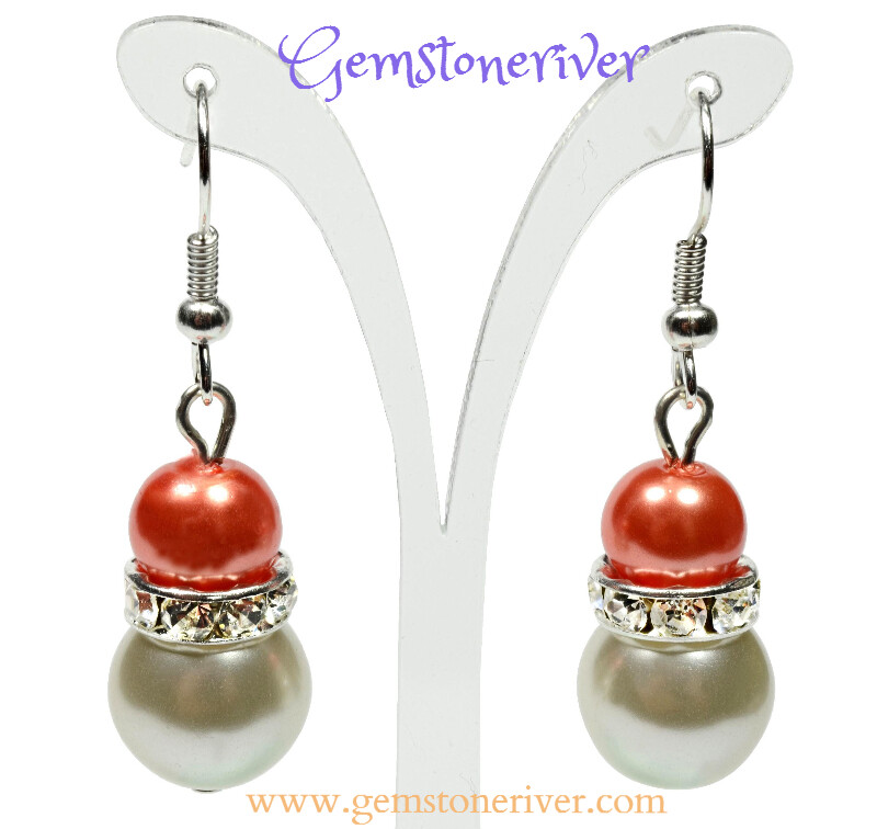 Orange & ivory cream pearls sparkling crystal earring gift