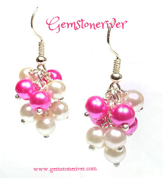 Cerise Hot Pink Fuchsia & Ivory cream Mini Cluster Earrings - wedding pearls- Bridesmaid, Romantic jewellery UK - Berry