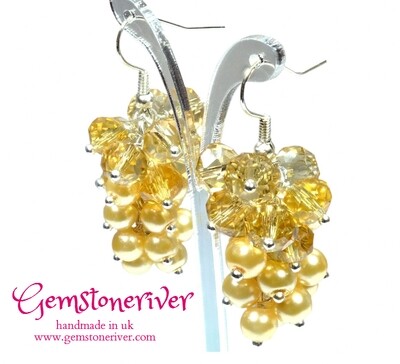 Yellow lemon pearl & citrine quartz crystal cluster drop dangle earrings