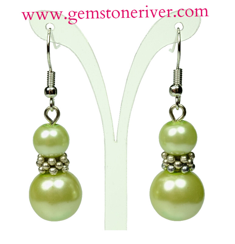 Green Pearl Silver Drop Dangle Earrings - Bridesmaids Prom Dinner Gala Party Bridesmaid Office Jewellery - Janna
