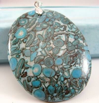 Chunky Statement Gemstone Pendant -  Aqua Blue, White, Black Flower Coral, Unique, ONE-OFF - Agate Necklace
