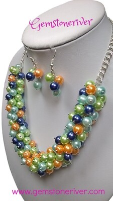 Cluster Blue Orange Mint Green & Light Blue Pearl Necklace Earrings Gift Set