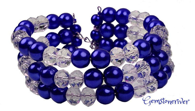 B159 Blue Peacock Pearls & Crystal chunky Statement Cuff Bracelet & Earrings Set UK - BRITNEY - Multi-strand flexible Bridesmaids Summer Party Jewellery