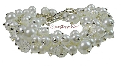 Custom order for SL - White Pearls & Clear Crystal Quartz Bracelet
