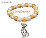 Peach orange Cream &amp; silver Cat Charm - Stretch Stackable Bridesmaid, Flower Girl, Unique Jewellery