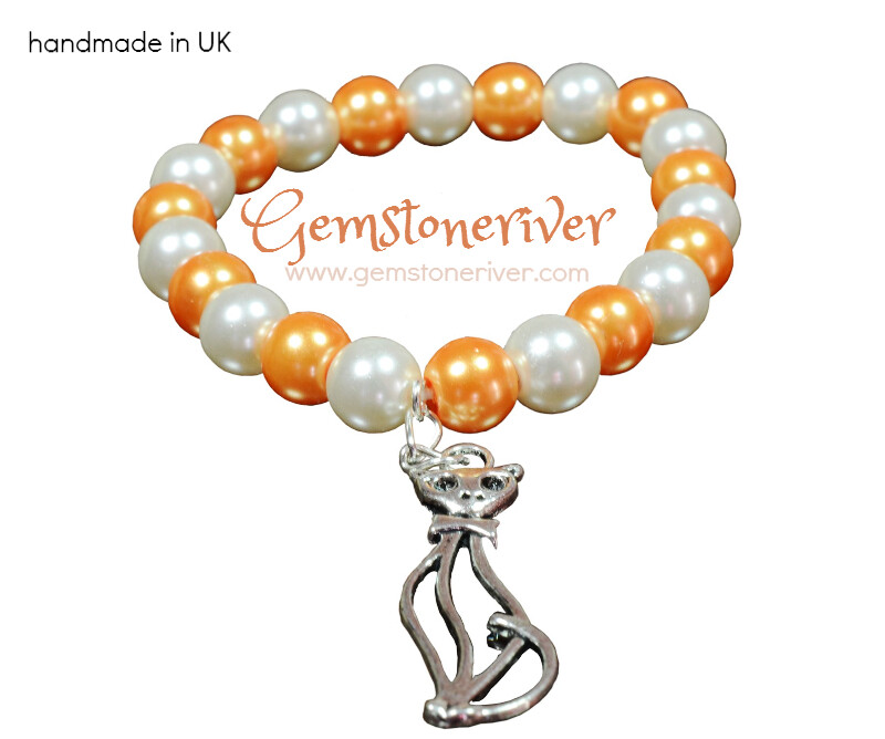 Peach orange Cream & silver Cat Charm - Stretch Stackable Bridesmaid, Flower Girl, Unique Jewellery