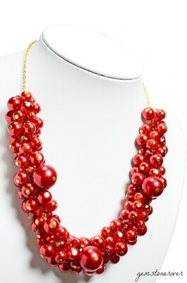 SOLD -Chunky Bold Statement Red Berry Pearls and Fire Hot Czech Crystal Necklace Earrrings Set - SCARLET Valentine Bridesmaids Holiday Party Jewellery