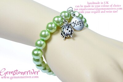 B125 Lime Green Pearl and Ladybug beetle with HOPE charms - bridesmaid mother personalised jewellery UK
