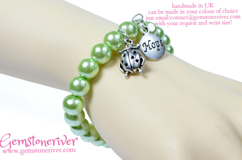 B125 Lime Green Pearl and Ladybug beetle with HOPE charms - bridesmaid mother personalised jewellery UK