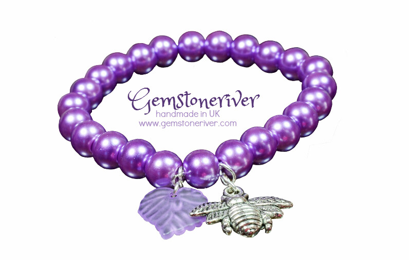 Purple Pearl stretch Bracelet Bee Flower & Fancy Leaf Charm - Flower Girl wedding