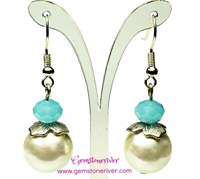Lake Blue Crystal antique Silver Ivory Cream Pearl Earrings