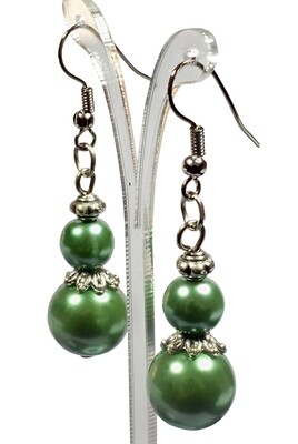 Olive Green Pearl Silver Dangle Earrings Bridesmaids Wedding Maid of Honour Flower Girl Gift for Women