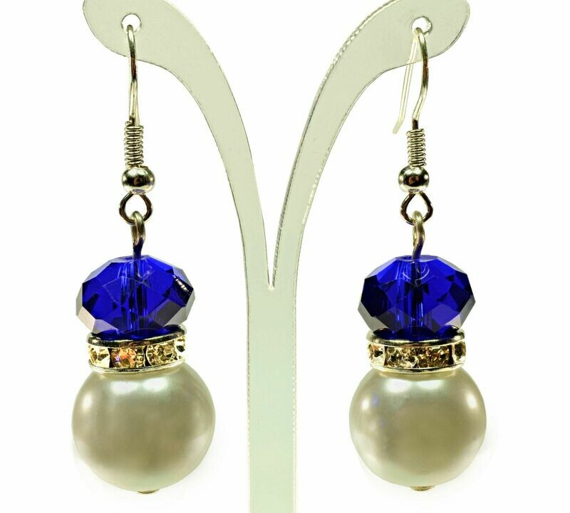 London Cobalt Blue Crystal Rhinestone Ivory Cream Pearl Earrings Wedding Prom Party Jewelry