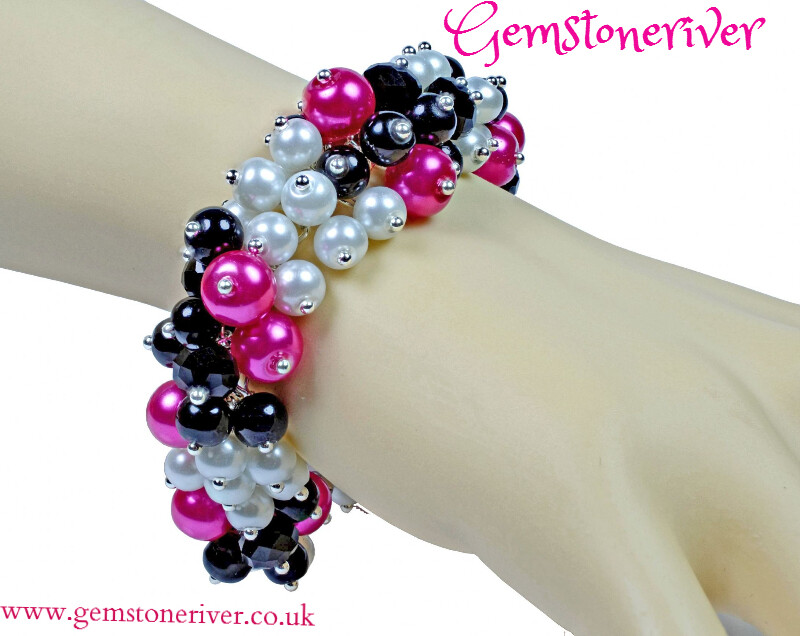 Cerise Hot Pink Black diamond crystal & White Pearl Cluster bracelet & earrings set