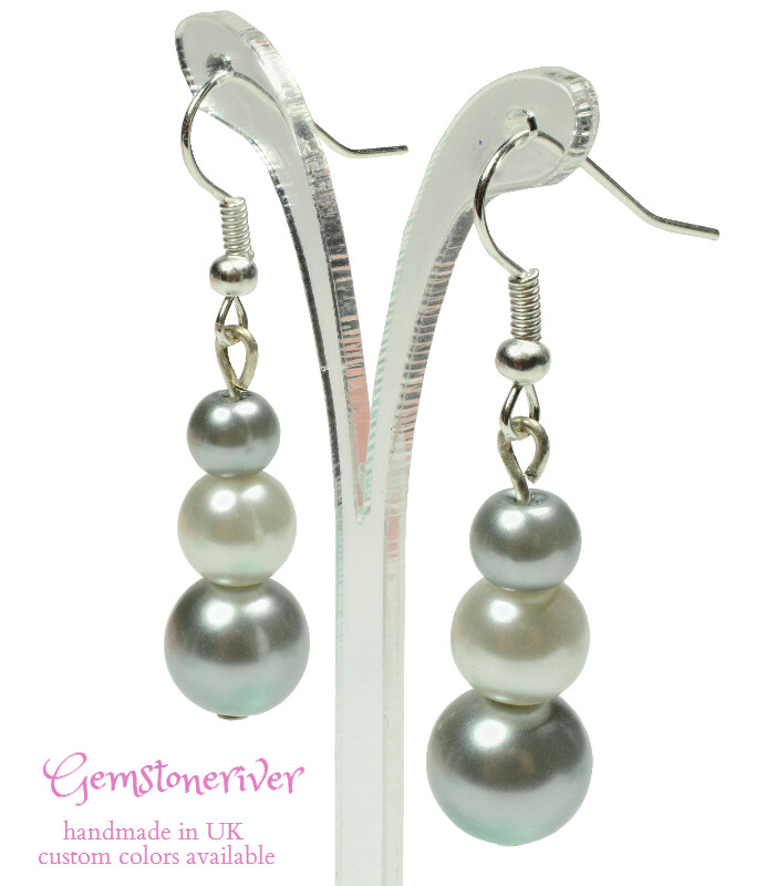 White & Silver Grey Pearl Mini Dangle Earrings - Bridesmaid Flower Girl Bridal Wedding Party