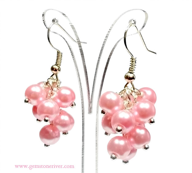 E326 Candy Pink rose blush pearl mini cluster earrings - wedding Bridesmaid, Romantic beach holiday party jewellery uk