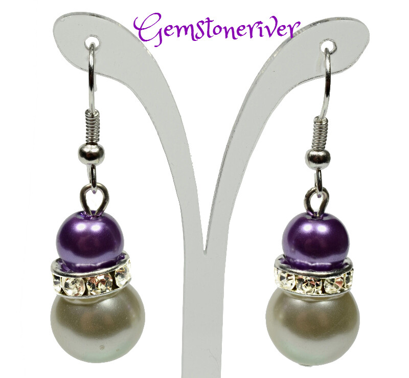 E221 - Purple & ivory cream pearls and sparkling rhinestone earrings - Bride Bridesmaids Flowergirl  Prom Glam | Gemstoneriver®