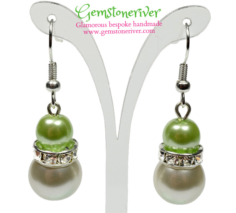 E222 - Lime Green & ivory cream pearls and sparkling rhinestone earrings - Bride Bridesmaids Flowergirl Prom Glam | Gemstoneriver®