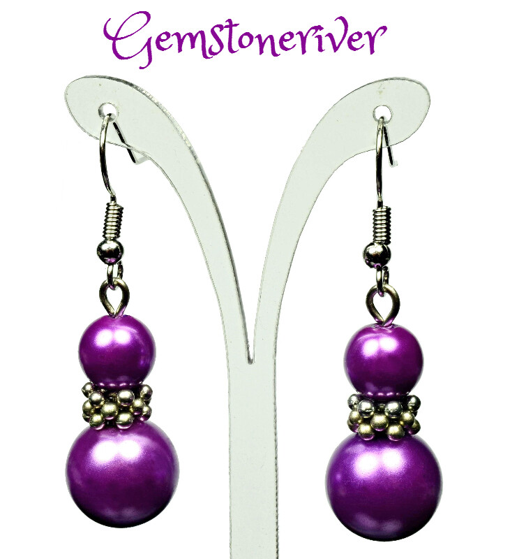E339 Purple Pearl Silver Drop Dangle Earrings - Bridesmaids Prom Dinner Gala Party Bridesmaid Office Jewellery - Siddy