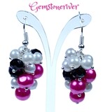 E266 cerise pink white pearl &amp; black diamond crystal statement cluster  dangle earrings - Bridal Party, Bridesmaid Ascot jewellery UK