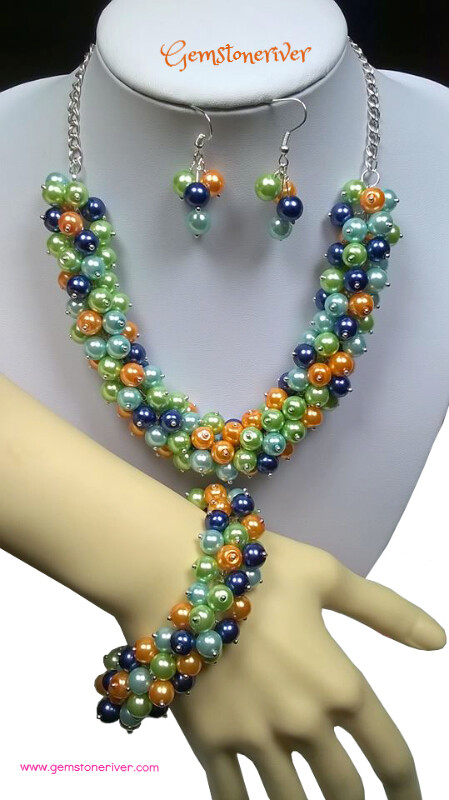 3pc Blue Orange Lime Green & Light Blue Statement Pearl Cluster Necklace