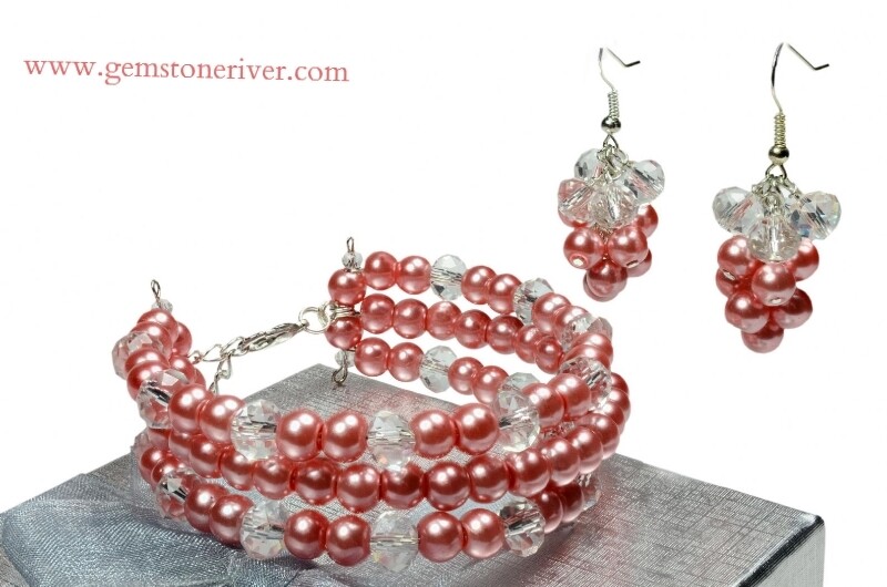 B187 Crystal Coral Peach Pink Pearl 4 x Memory Bracelet Earrings sets -CUSTOM ORDER - Tina in USA - bridesmaid flower girl bride wedding jewelry