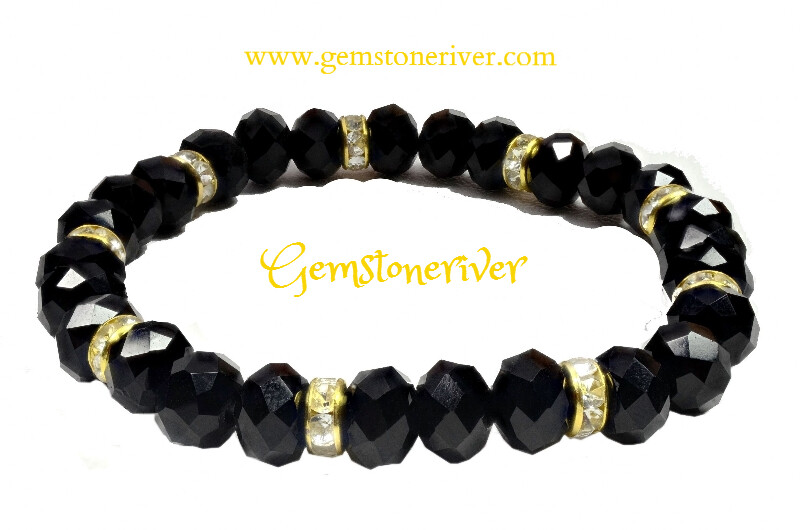 Black onyx crystal & Gold Rhinestone sparkling bracelet Stackable Romantic Dinner Date Bling Unique Jewellery Beulah