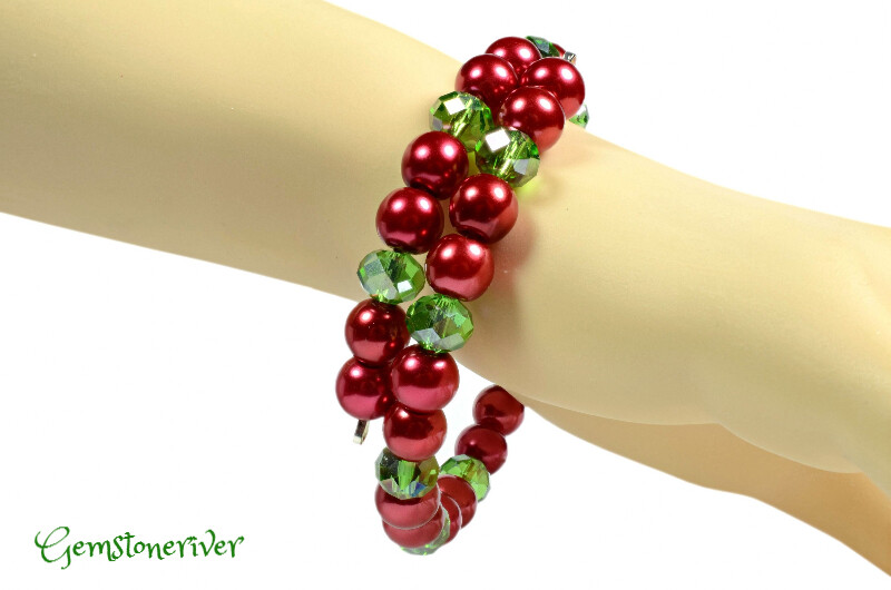Red pearl & Crystal Emerald Green Sparkling Christmas Bracelet