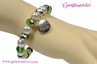 Stylish Ivory Cream White & Silver Green Crystal Bracelet with HOPE charm