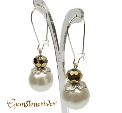 E138 Gold Crystal & Ivory Cream Pearl Earrings - Kim - Designer Handmade Bridesmaid Bride Maid of Honour Prom Party Jewelry