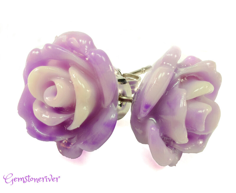 E315 Purple & Ivory rose flower carved stud earrings 925 Silver | Gemstoneriver® Bridesmaid Wedding