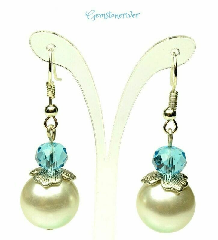 Sapphire Blue Crystal & ivory cream pearls Bali Silver  earrings - Bride Bridesmaids Flowergirl  Prom Glam | Gemstoneriver®