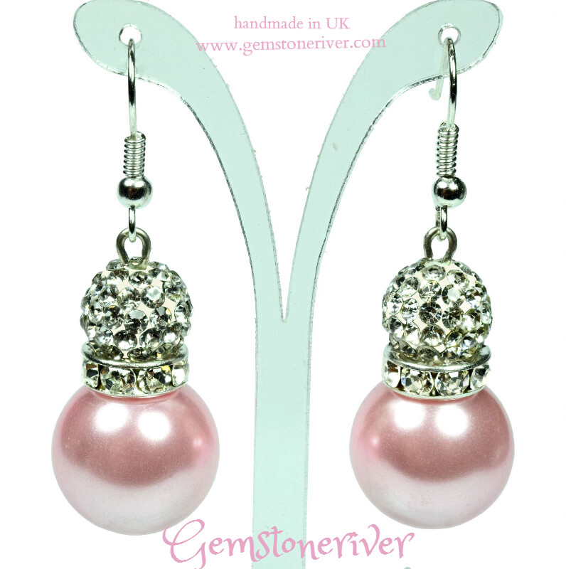 Blush Pink pearls & sparkle crystal ball drop earrings  handmade in UK Gemstoneriver®