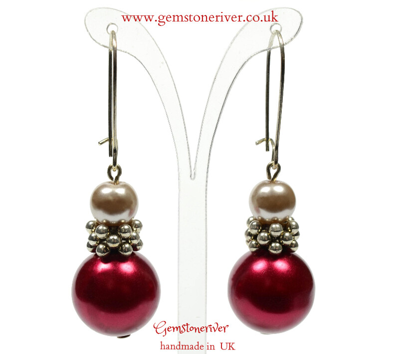 E278 Taupe gold & Wine red pearl Bali silver Earrings - Bridesmaids Prom Dinner Gala Party Bridesmaid Office Jewellery - Melanie