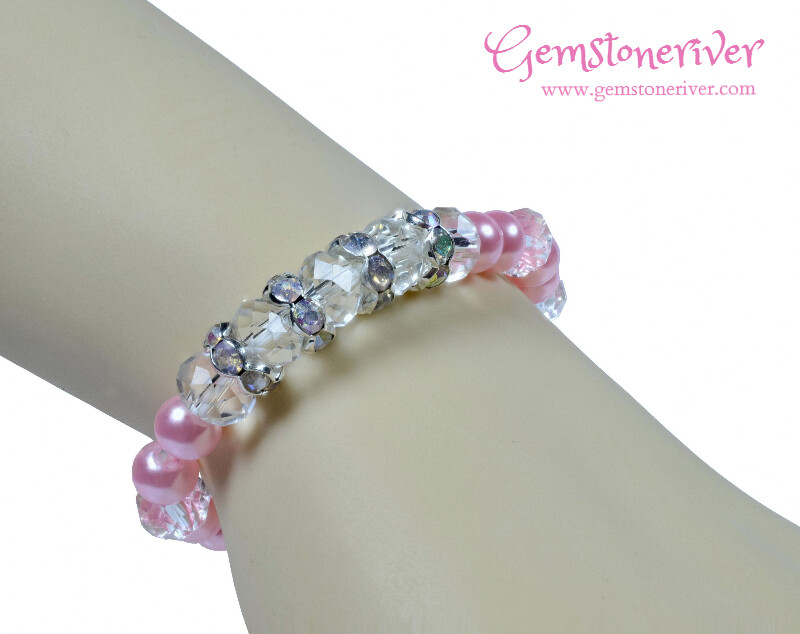 Pink candy pearl & crystal bracelet flower girl bridesmaid wedding friendship glamorous Birthday Gift