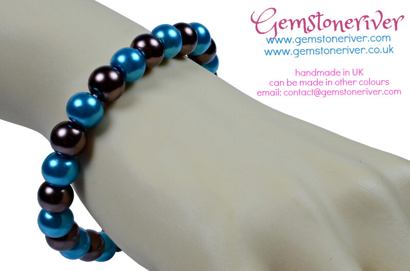 Cyan Blue &amp; Chocolate Brown Pearl Bracelet Bridesmaid Wedding Birthday Gift Party unique gifts &amp; charms UK