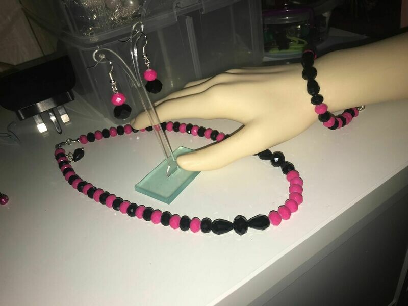 3pc Audrey - cerise and black crystal necklace bracelet earring set