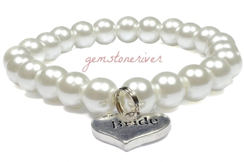 B236 White Pearl stretchy Bracelet Bride Bridesmaid Flower Girl Maid of Honour Aunt of the Bride or Alphabet Charms - Beach Prom Cocktail Party UK