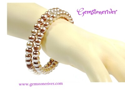 B323 Flexible Double Strand Cuff Bracelet Light mocha brown TAUPE Pearls - ELISE - Bracelet & Earrings SET Bridesmaid, Party & Office Jewellery