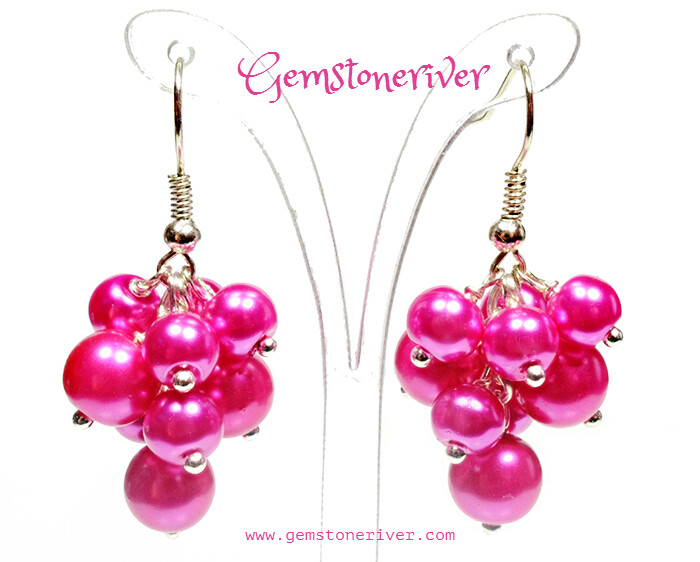 E189 Cerise Hot Pink Fuchsia Mini Cluster Earrings - wedding pearls- TANIA FIZZ - Bridesmaid, Romantic, For Her, Mother, Chic Valentine