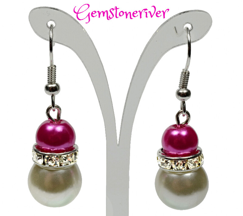 Cerise pink fuchsia & ivory cream pearls and sparkling rhinestone earrings - Bride Bridesmaids Flowergirl