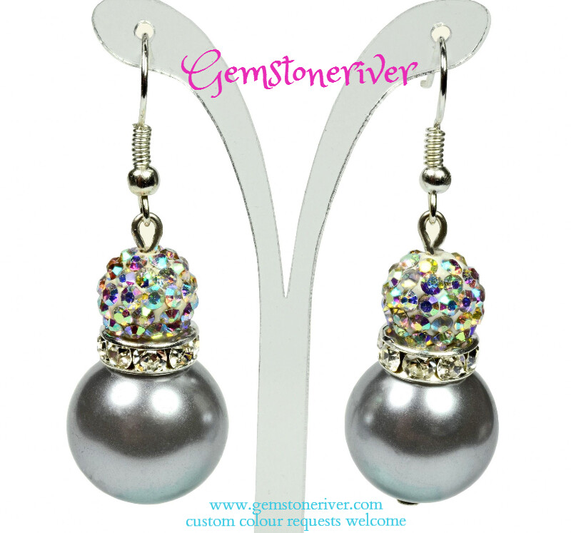 E228 Charcoal Grey pearls & sparkle crystal Rhinestone ball drop earrings | Jenni bridesmaid wedding beach ascot summer party jewellery Gemstoneriver®