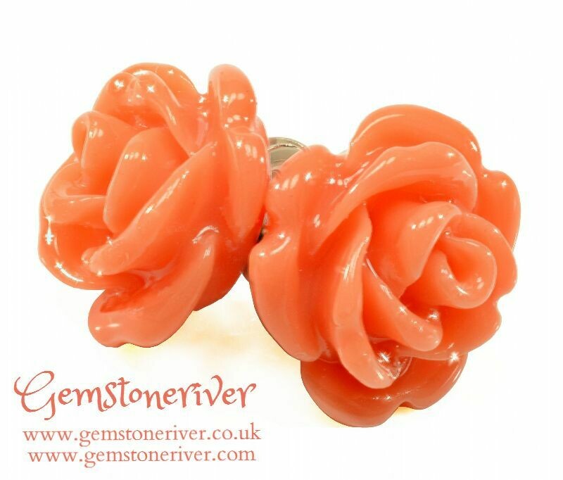 E337 Orange coral rose flower carved stud earrings 925 Silver | Gemstoneriver® Ditta