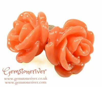 E337 Orange coral rose flower carved stud earrings 925 Silver | Gemstoneriver® Ditta