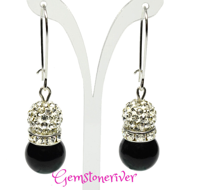 E283 - Black pearls & sparkling crystal disco ball drop earrings | Gemstoneriver® - Eta Bridesmaid birthday gift UK