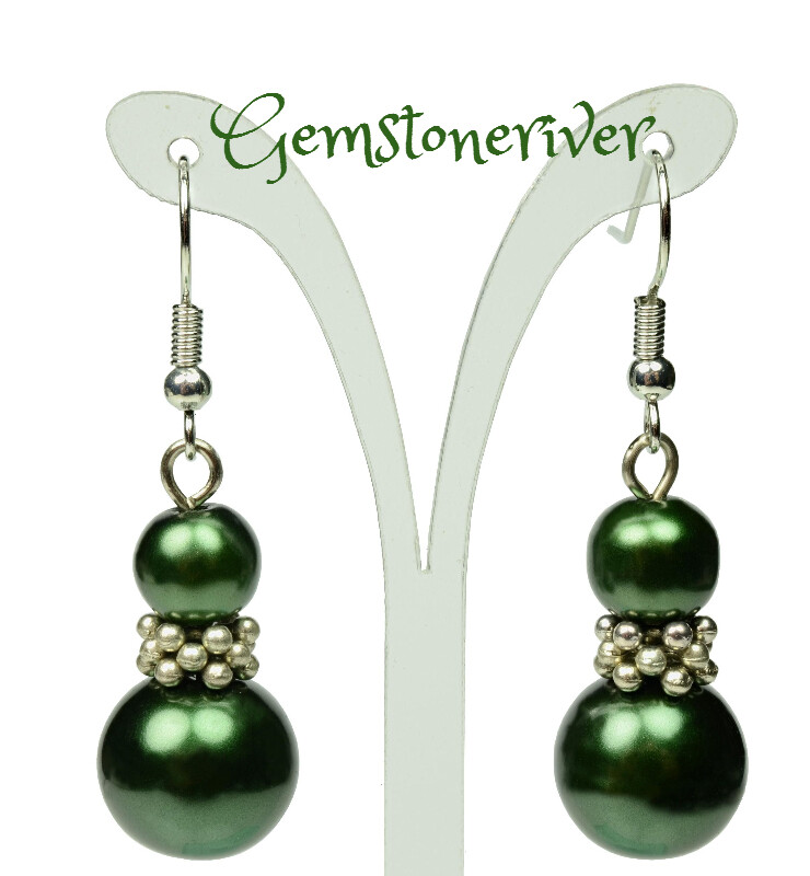 E214 Green Pearl Silver Drop Dangle Earrings - Bridesmaids Prom Dinner Gala Party Bridesmaid Office Jewellery - Dharma