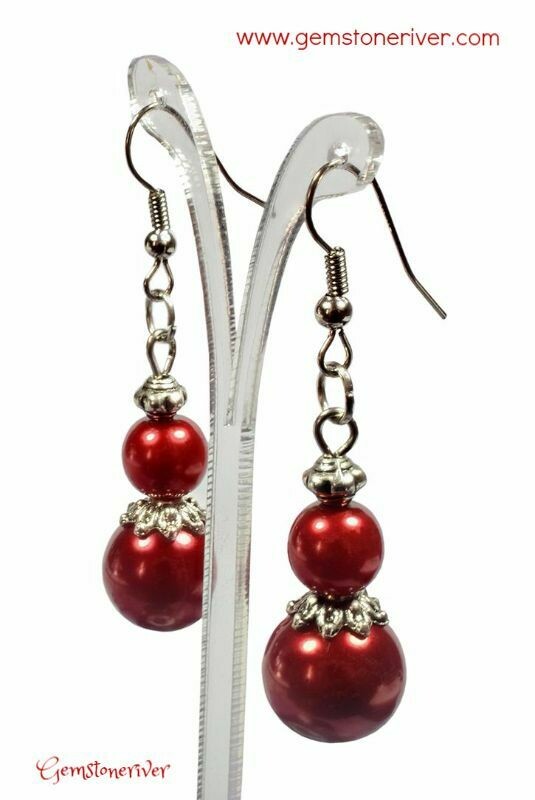 E325 Red Pearl & Silver Dangle Earrings - Bridesmaids Prom Xmas Gala Party Bridesmaid Office Mother's Day Designer UK Jewellery