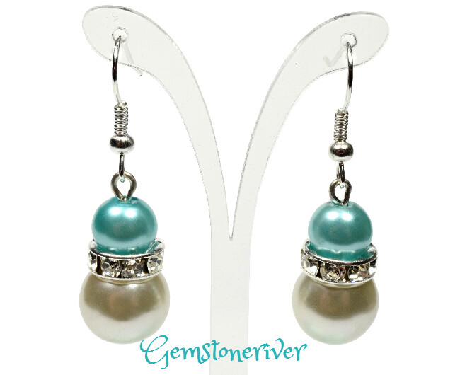 E212 - light blue & ivory cream pearls sparkling rhinestone earrings
