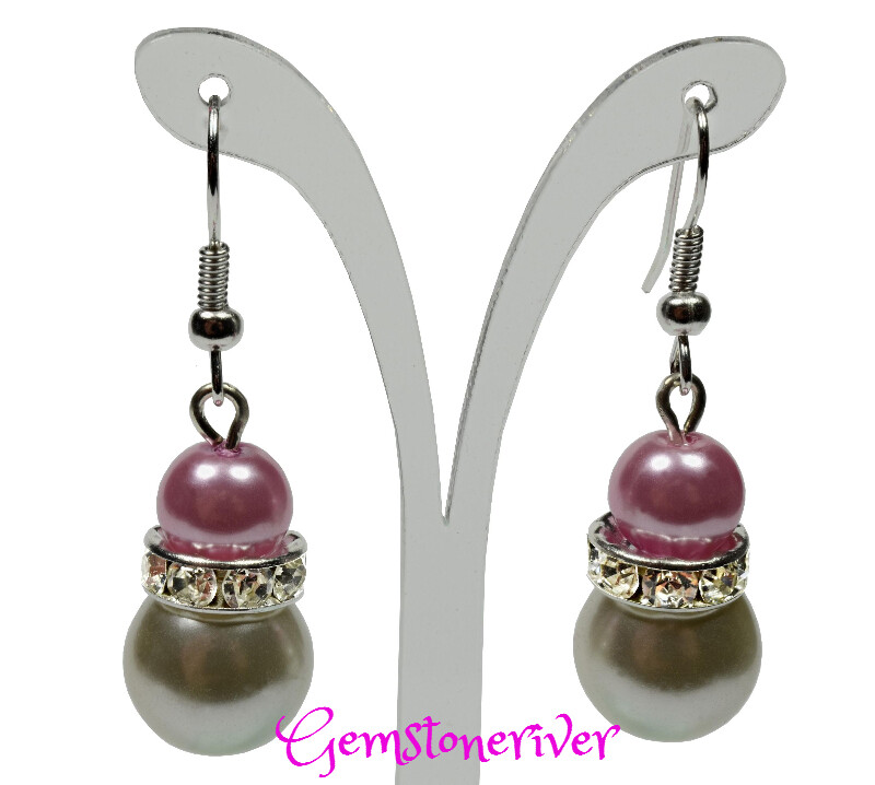 E267 - mauve pink & ivory cream pearls sparkling rhinestone earrings - Bride Bridesmaids Flowergirl  Prom Glam | Gemstoneriver® UK